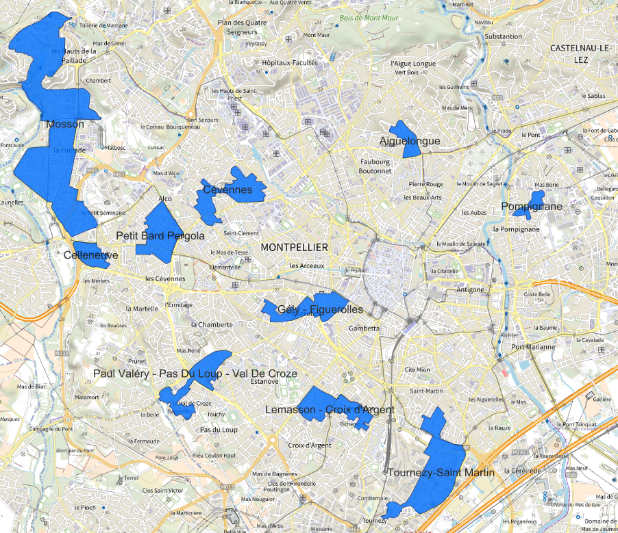 Carte des quartiers prioritaires de Montpellier